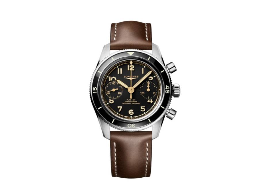 Spirit Pilot Flyback Chronograph Handaufzug Edelstahl 39,5mm schwarzes Zifferblatt braunes Lederband