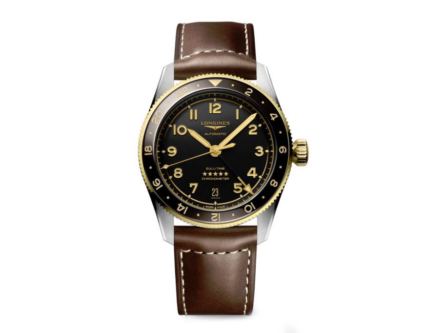 Spirit Zulu Time Automatik Edelstahl 39 mm Gelbgold-Lünette graues Zifferblatt braunes Lederband