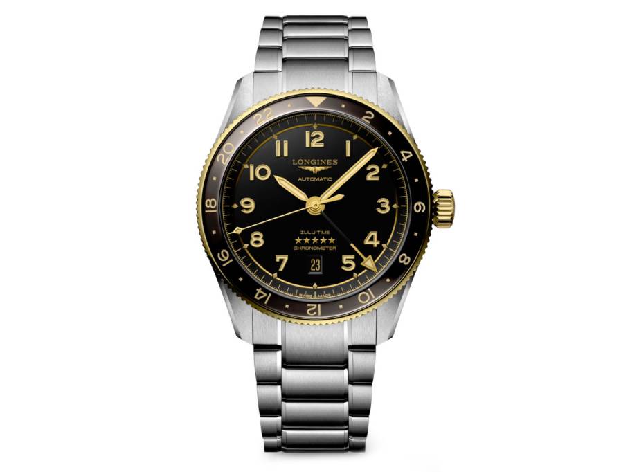 Spirit Zulu Time Automatik Edelstahl 42 mm Gelbgold-Lünette graues Zifferblatt Metallband