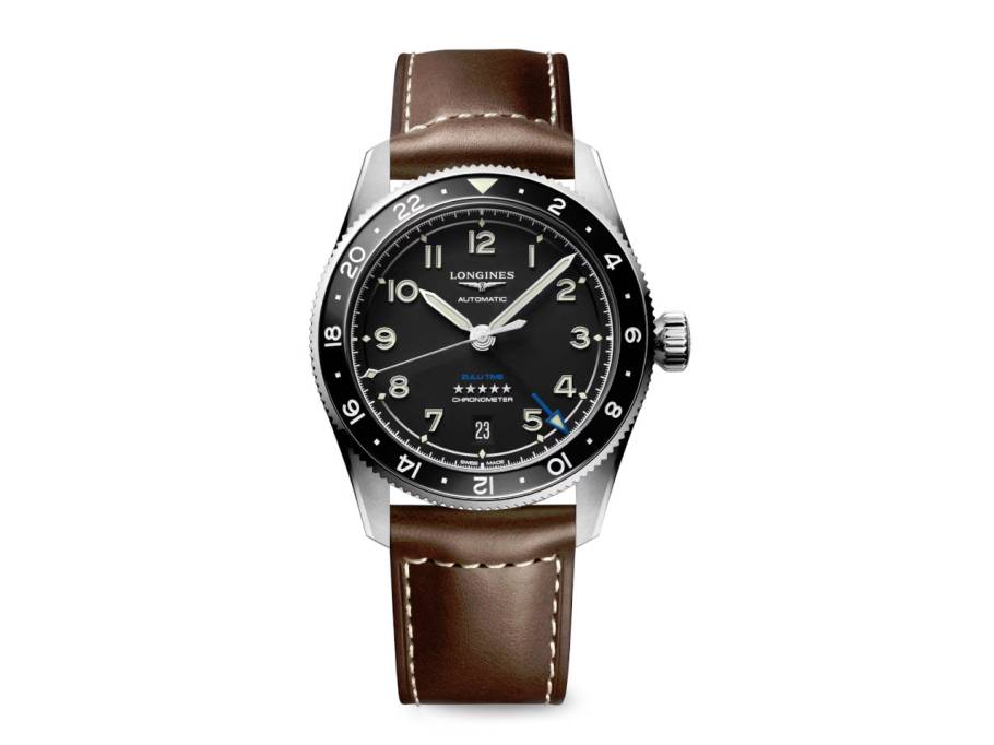 Spirit Zulu Time Automatik Edelstahl 39 mm schwarzes Zifferblatt braunes Lederband