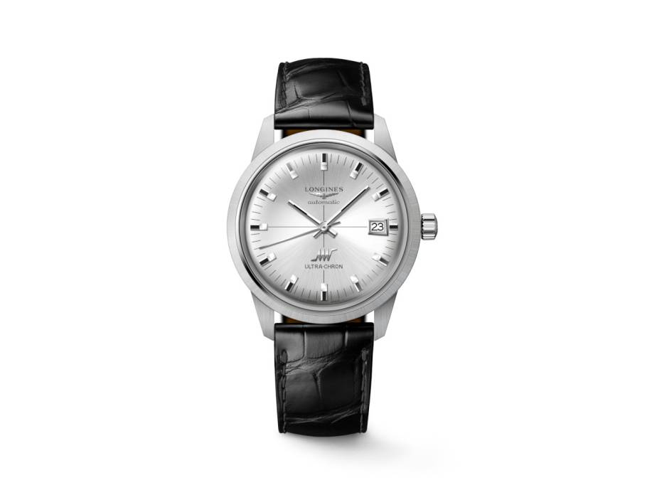 Ultra Chron Classic Automatik Edelstahl 37mm silberfarbenes Zifferblatt schwarzes Lederband