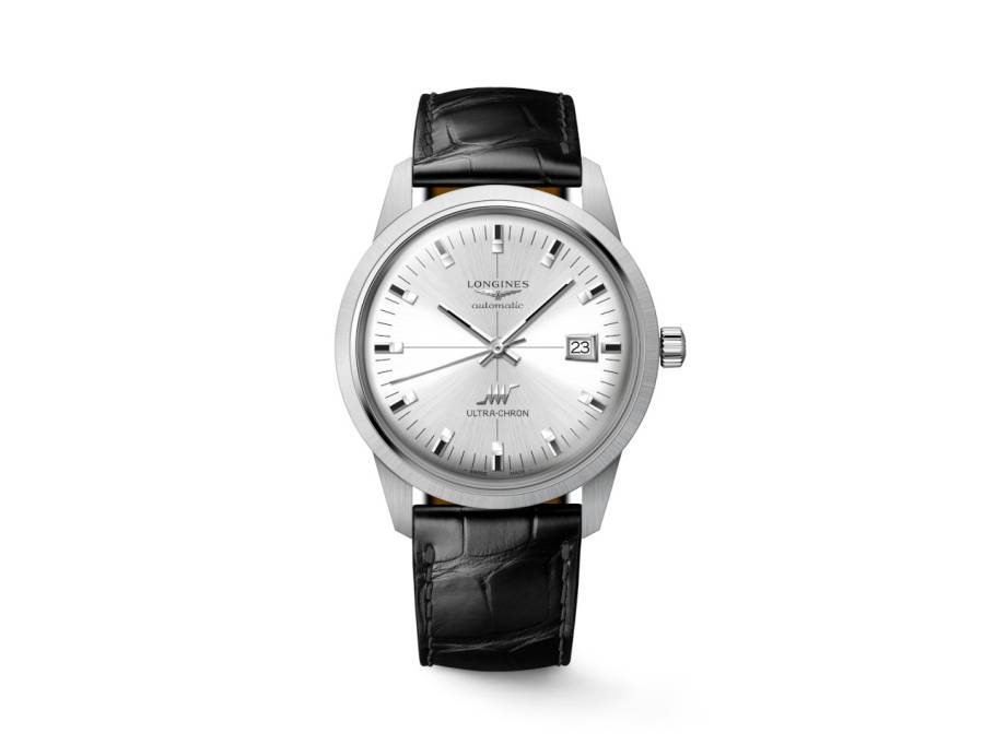 Ultra Chron Classic Automatik Edelstahl 40mm silberfarbenes Zifferblatt schwarzes Lederband