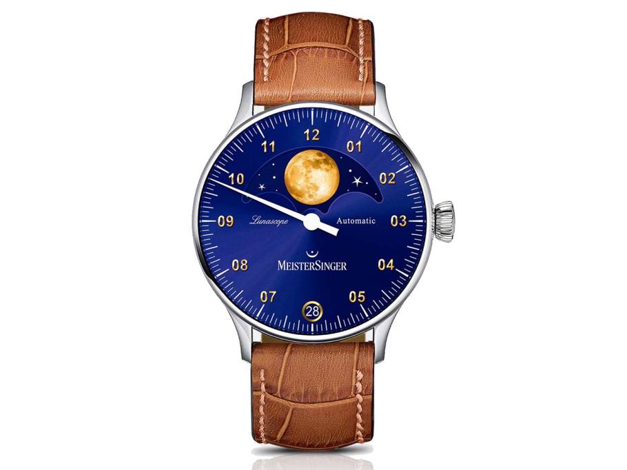 Lunascope Automatik Edelstahl blaues Zifferblatt, braunes Lederband, goldner Mond