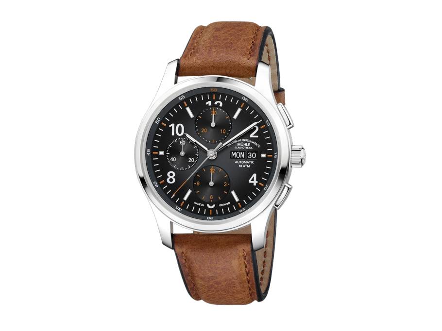 Lunova Chronograph Automatik Edelstahl 42,3mm schwarz-graues Zifferblatt Vintage-Lederband