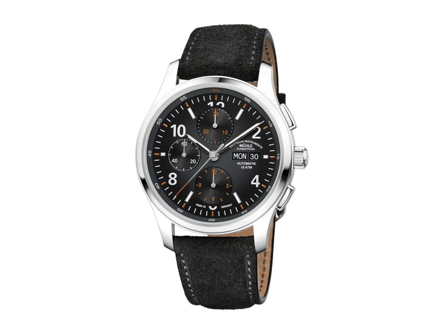 Lunova Chronograph Automatik Edelstahl 42,3mm schwarz-graues Zifferblatt graues Lederband