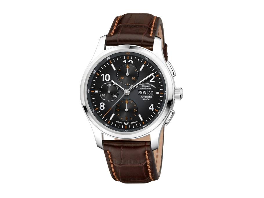 Lunova Chronograph Automatik Edelstahl 42,3mm schwarz-graues Zifferblatt braunes Lederband