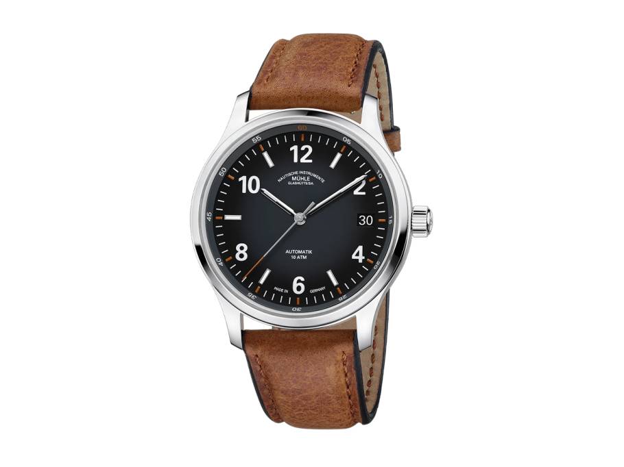 Lunova Datum Automatik Edelstahl 42,3mm schwarz-graues Zifferblatt Vintage-Lederband