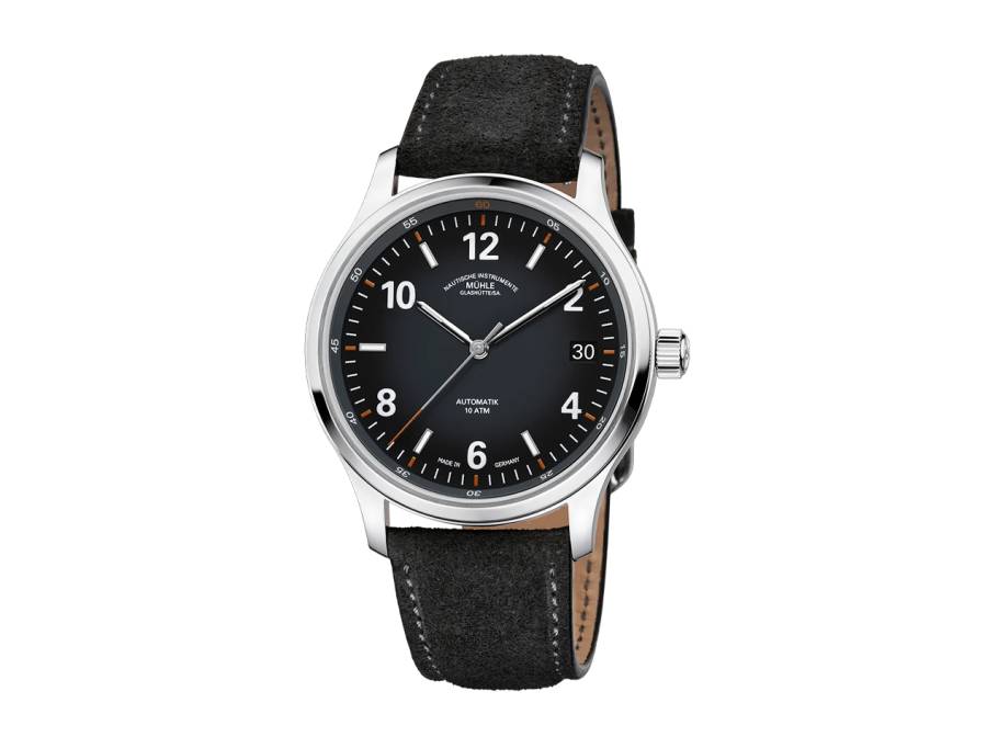 Lunova Datum Automatik Edelstahl 42,3mm schwarz-graues Zifferblatt graues Lederband