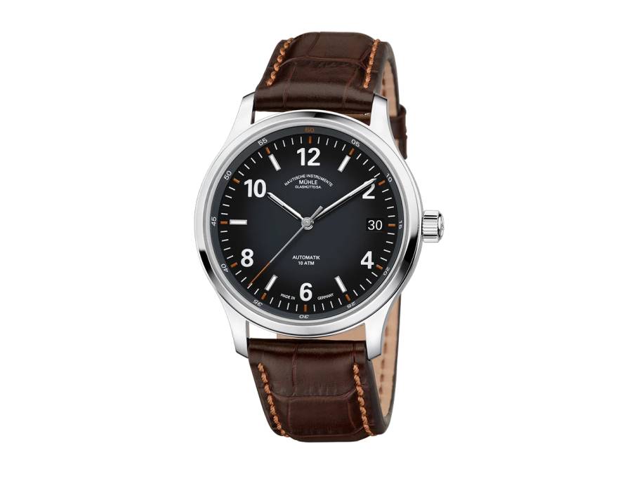 Lunova Datum Automatik Edelstahl 42,3mm schwarz-graues Zifferblatt braunes Lederband