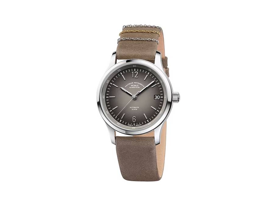 Lunova Lady Automatik Edelstahl 35mm graues Zifferblatt graues Lederband mit Kettchen