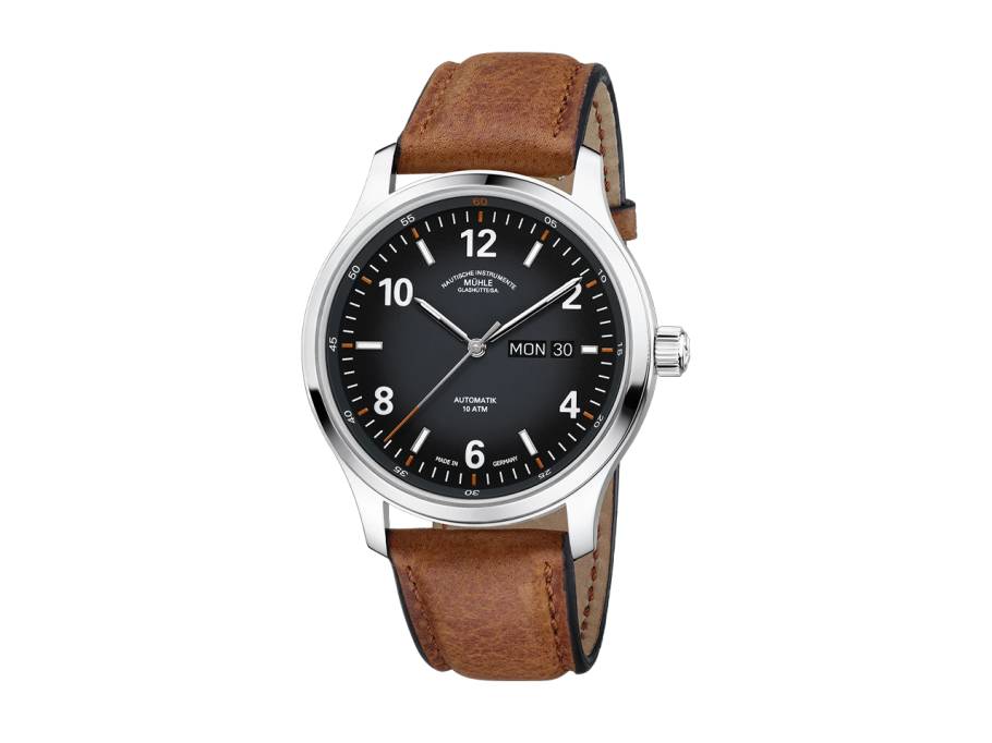 Lunova Tag/Datum Automatik Titan 42,3mm schwarz-graues Zifferblatt Vintage-Lederband