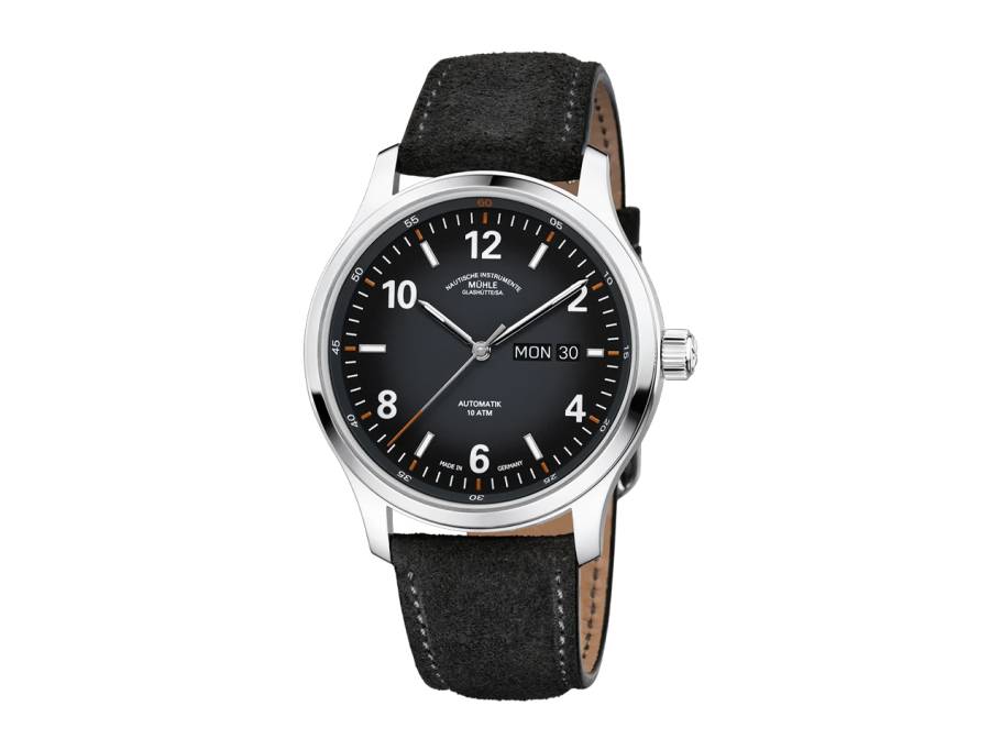 Lunova Tag/Datum Automatik Titan 42,3mm schwarz-graues Zifferblatt graues Lederband