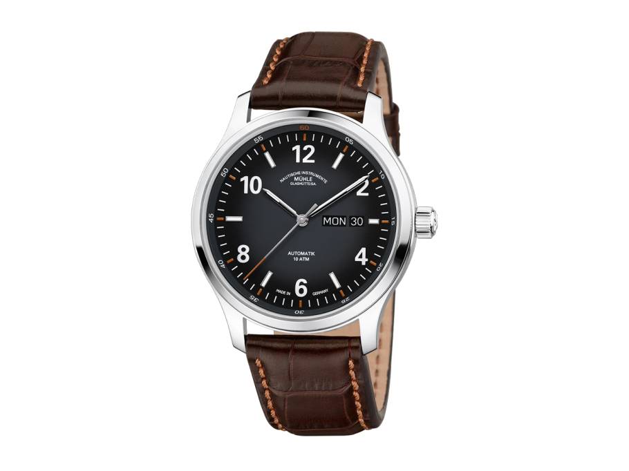 Lunova Tag/Datum Automatik Titan 42,3mm schwarz-graues Zifferblatt braunes Lederband