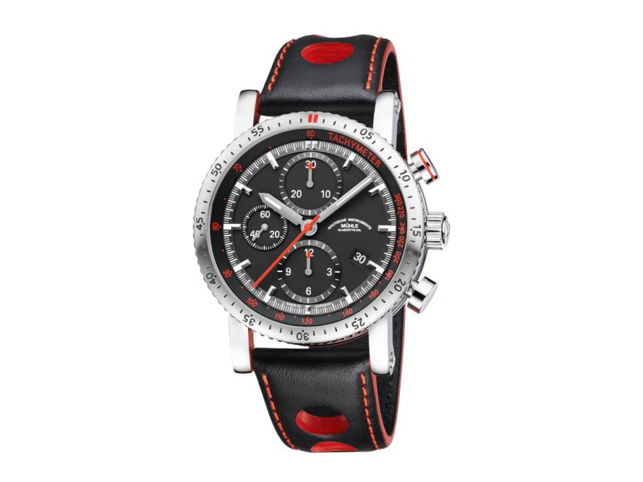 Teutonia Sport I Chronograph Automatik Edelstahl 42mm schwarzes Zifferblatt schwarzes Lederband