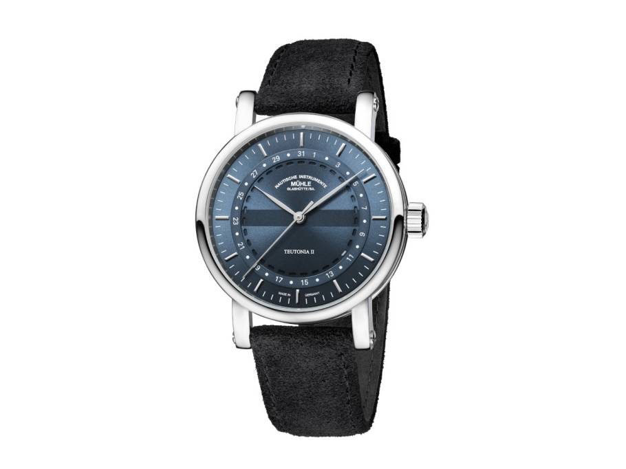 Teutonia II Ringdatum Automatik Edelstahl 41mm blaues Zifferblatt schwarzes Textilband