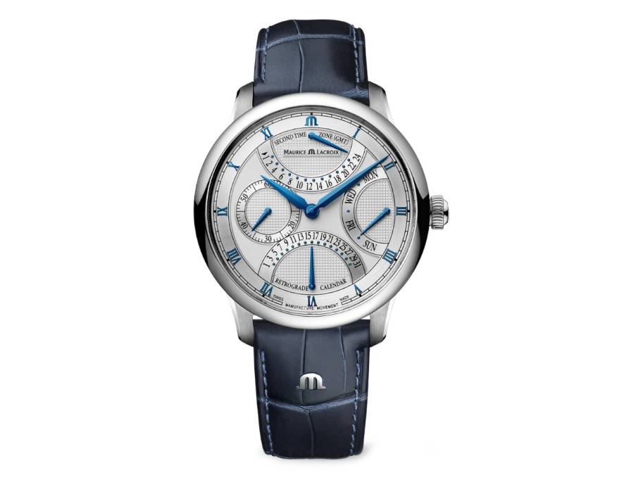 Masterpiece Triple Retrograde Automatik Edelstahl 43mm silbernes Zifferblatt blaues Lederband