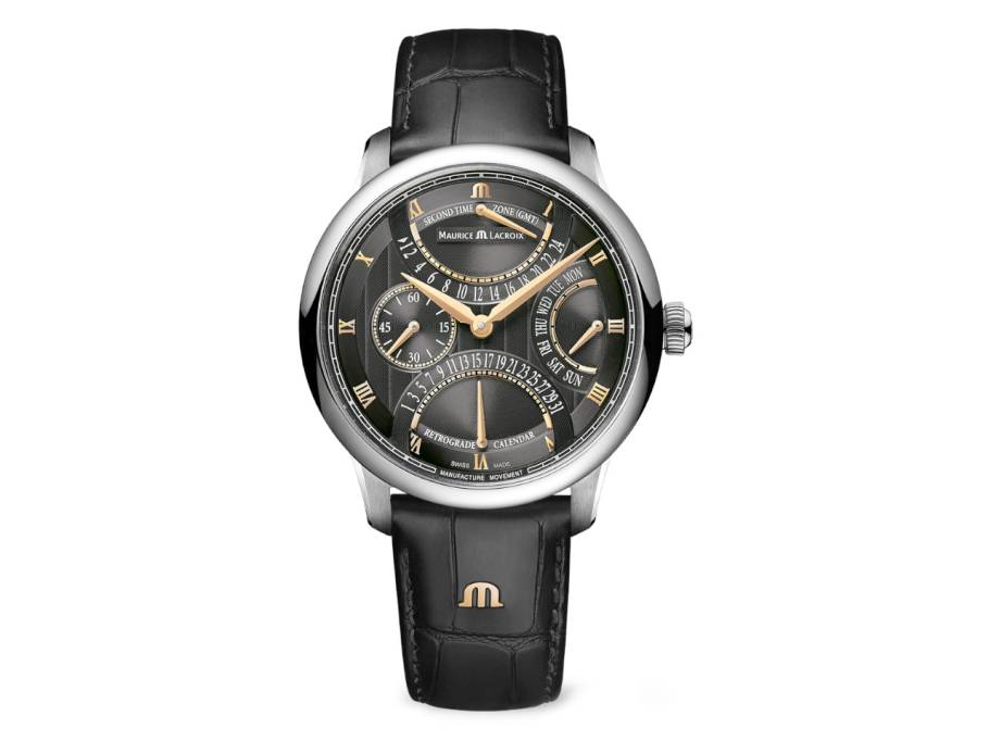 Masterpiece Triple Retrograde Automatik Edelstahl 43mm graues Zifferblatt schwarzes Lederband