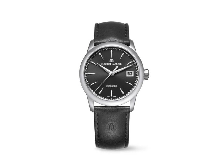 1975 Automatik Edelstahl 36mm schwarzes Zifferblatt schwarzes Lederband