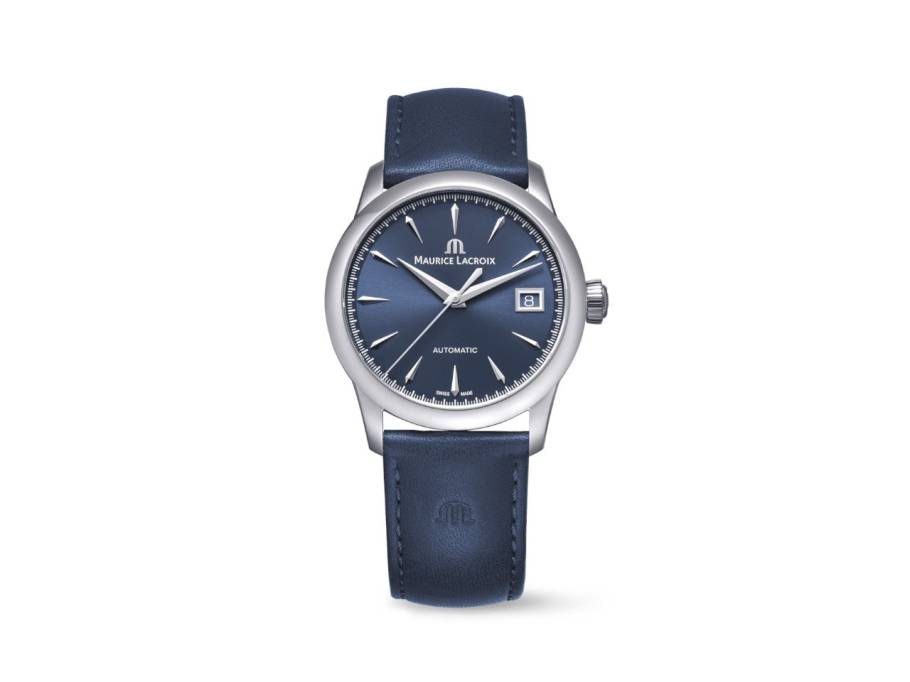 1975 Automatik Edelstahl 36mm blaues Zifferblatt blaues Lederband