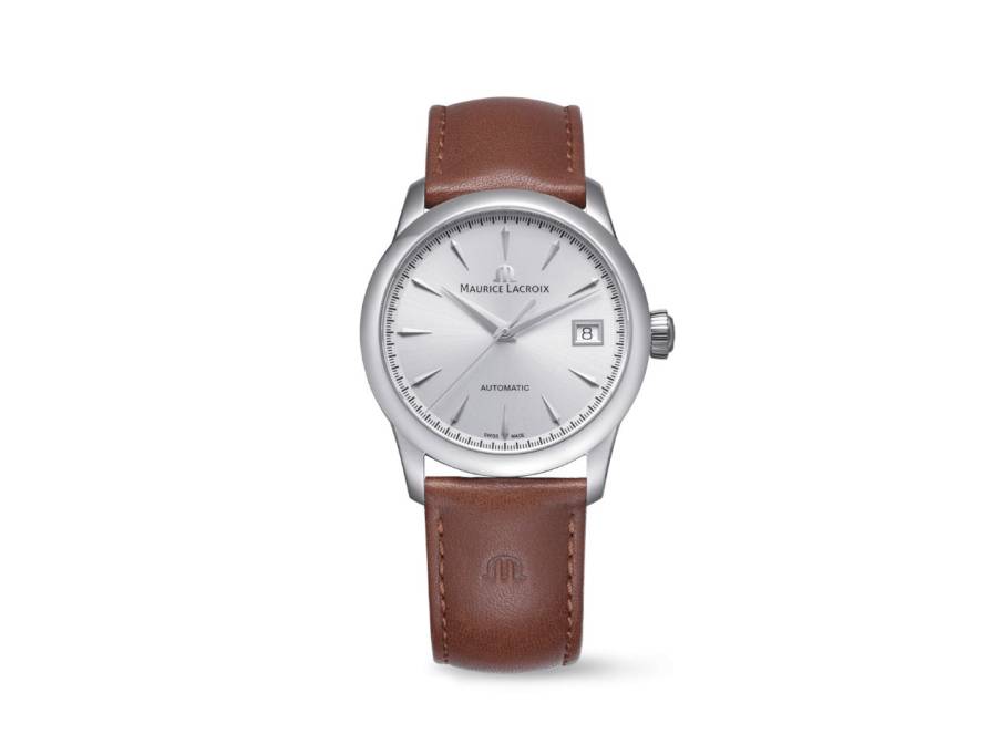 1975 Automatik Edelstahl 36mm silberfarbenes Zifferblatt braunes Lederband