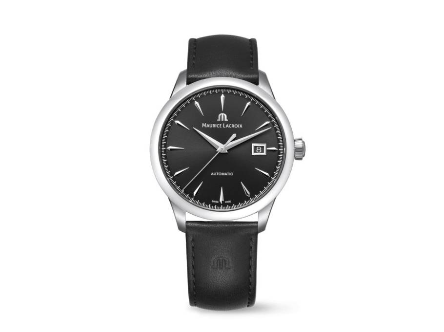 1975 Automatik Edelstahl 40mm schwarzes Zifferblatt schwarzes Lederband