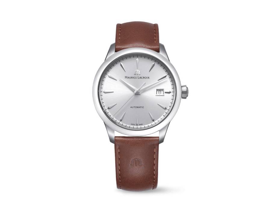 1975 Automatik Edelstahl 40mm silberfarbenes Zifferblatt braunes Lederband