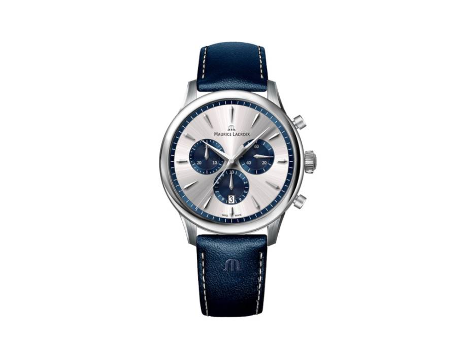 1975 Chronograph Quarz Edelstahl 39mm silberfarbenes Zifferblatt blaues Lederband