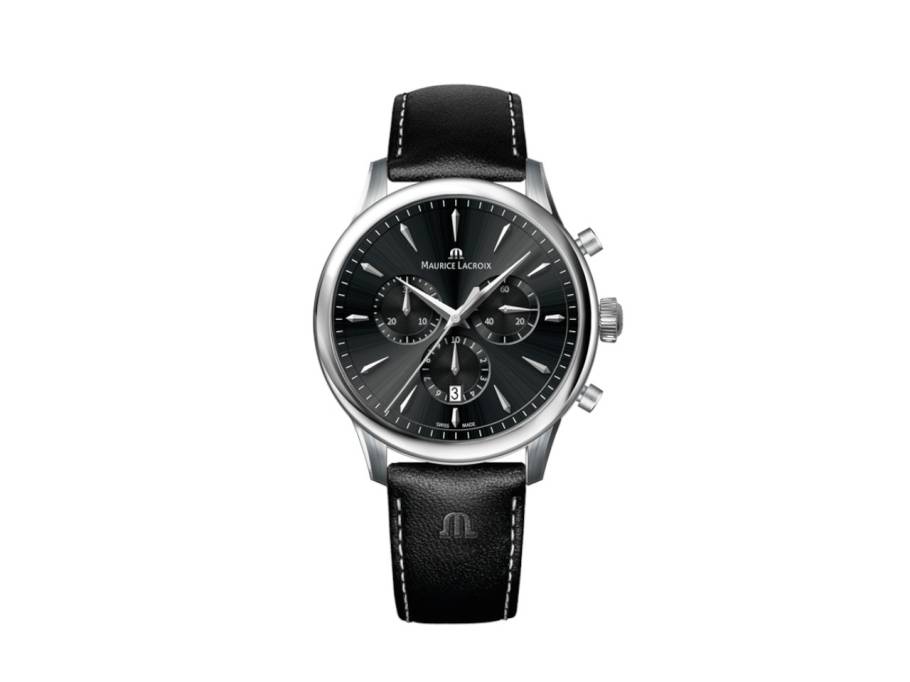 1975 Chronograph Quarz Edelstahl 39mm schwarzes Zifferblatt schwarzes Lederband