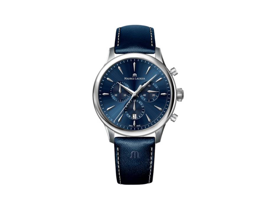 1975 Chronograph Quarz Edelstahl 39mm blaues Zifferblatt blaues Lederband