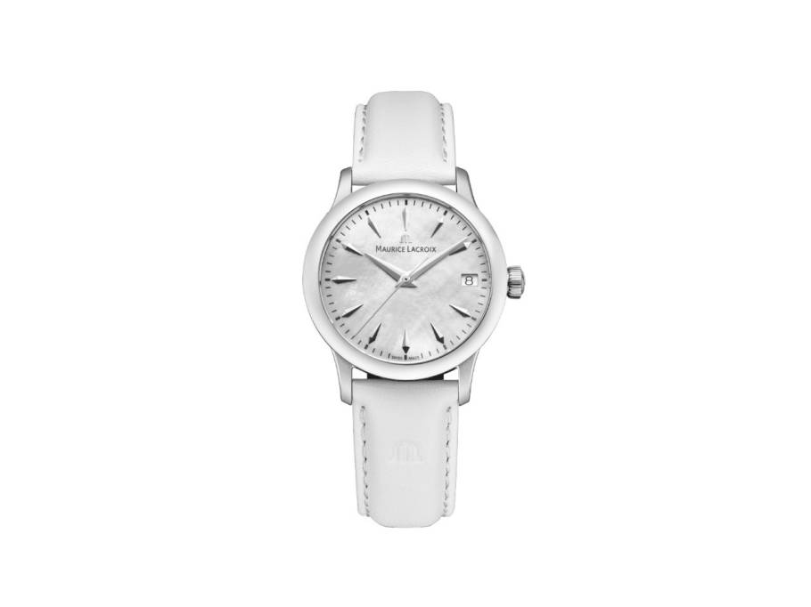 1975 Quarz Edelstahl 33mm silberfarbenes Perlmutt-Zifferblatt weißes Lederband