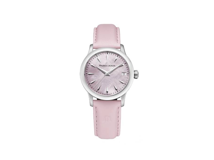 1975 Quarz Edelstahl 33mm rosafarbenes Perlmutt-Zifferblatt rosafarbenes Lederband