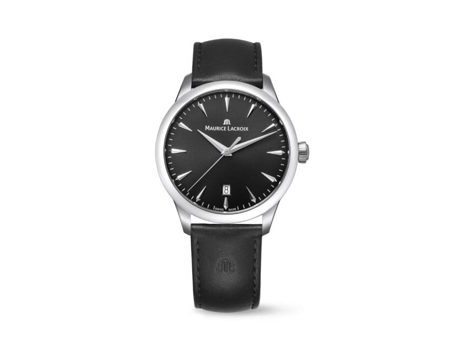 1975 Quarz Edelstahl 39mm schwarzes Zifferblatt schwarzes Lederband