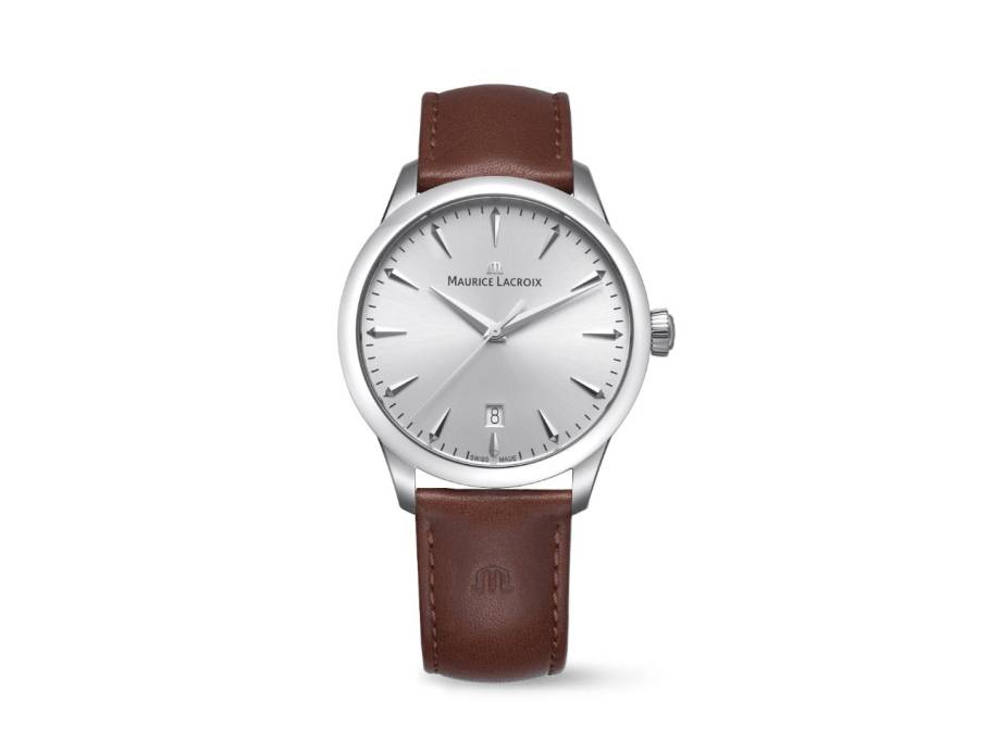 1975 Quarz Edelstahl 39mm silberfarbenes Zifferblatt braunes Lederband