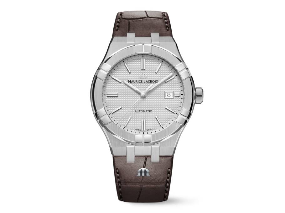 Aikon Automatik Edelstahl 42mm silbernes Zifferblatt braunes Lederband 