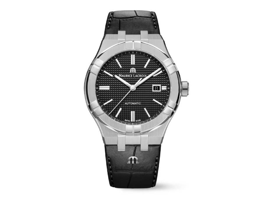 Aikon Automatik Edelstahl 42mm schwarzes Zifferblatt schwarzes Lederband 