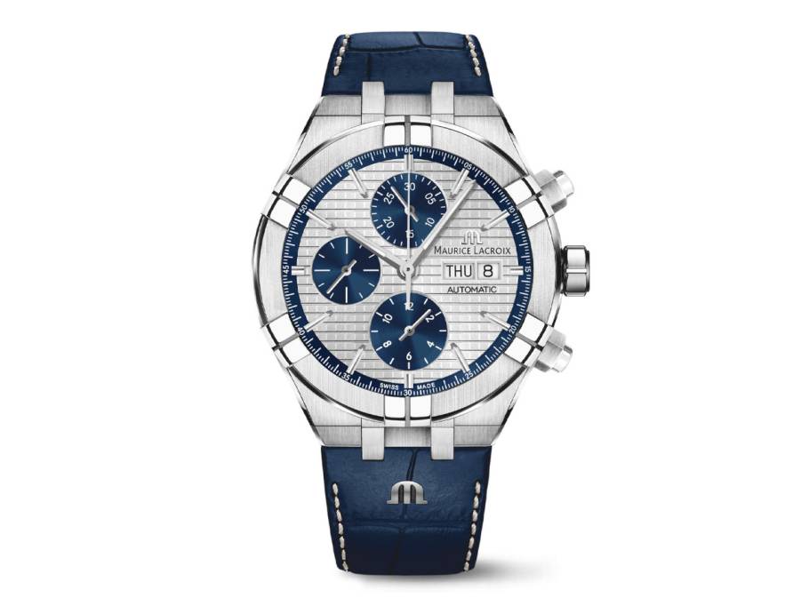 Aikon Chronograph Automatik Edelstahl 44mm silbernes Zifferblatt blaues Lederband