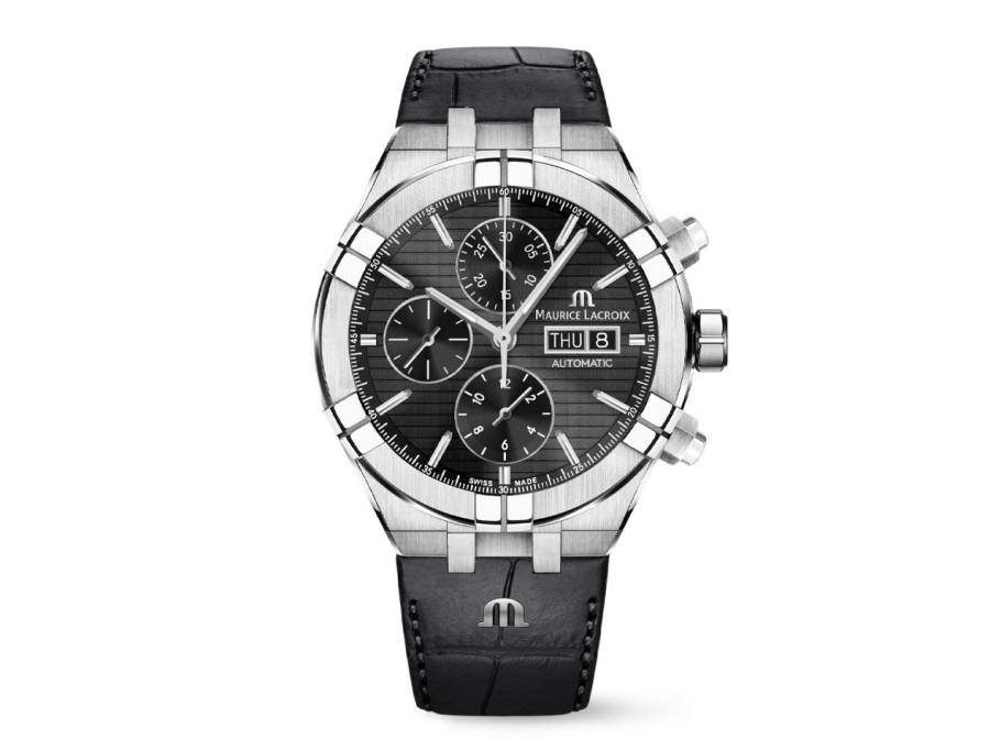 Aikon Chronograph Automatik Edelstahl 44mm schwarzes Zifferblatt schwarzes Lederband