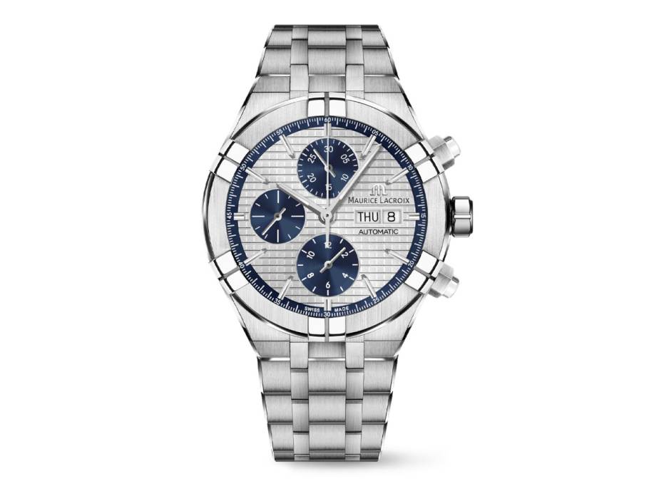 Aikon Chronograph Automatik Edelstahl 44mm silbernes Zifferblatt Metallband
