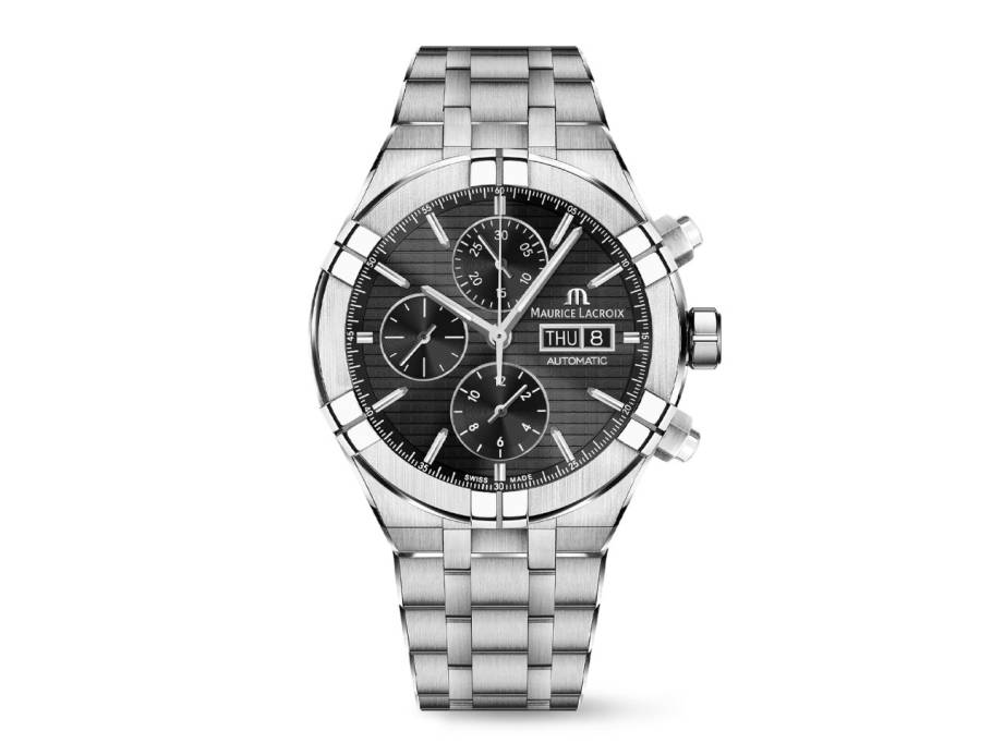 Aikon Chronograph Automatik Edelstahl 44mm schwarzes Zifferblatt Metallband