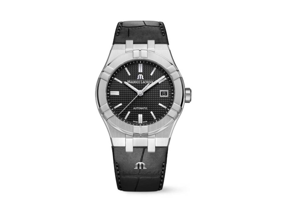 Aikon Automatik Edelstahl 39mm schwarzes Zifferblatt schwarzes Lederband