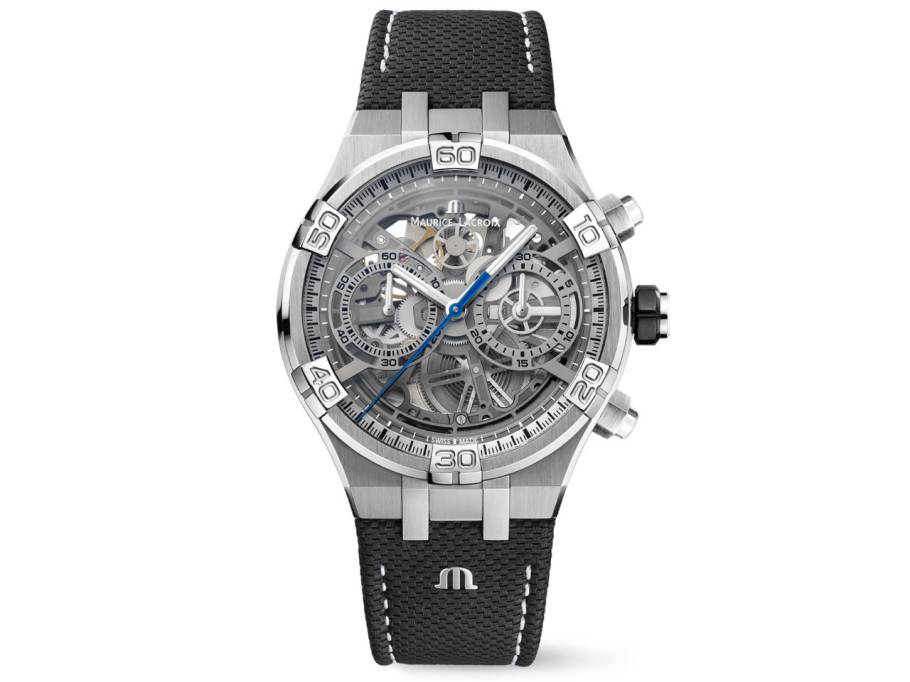 Aikon Chronograph Skeleton Automatik Edelstahl 44mm skelettiertes Zifferblatt schwarzes Lederband