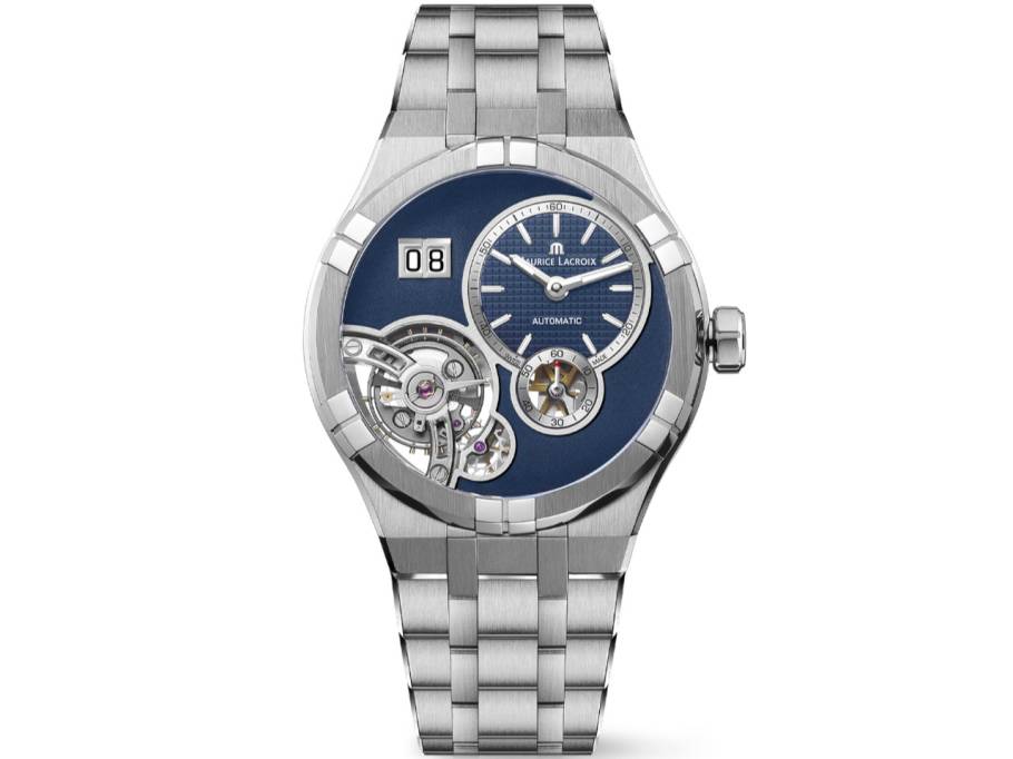 Aikon Master Grand Date Automatik Edelstahl 45mm blaues Zifferblatt Metallband und blaues Textilband