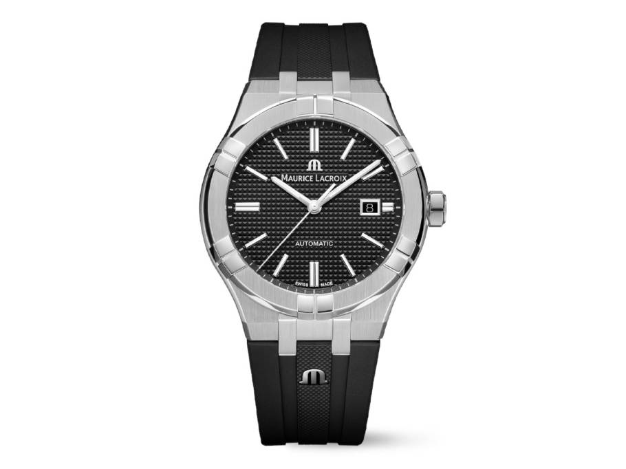 Aikon Automatik Edelstahl 42mm schwarzes Zifferblatts schwarzes Kautschukband