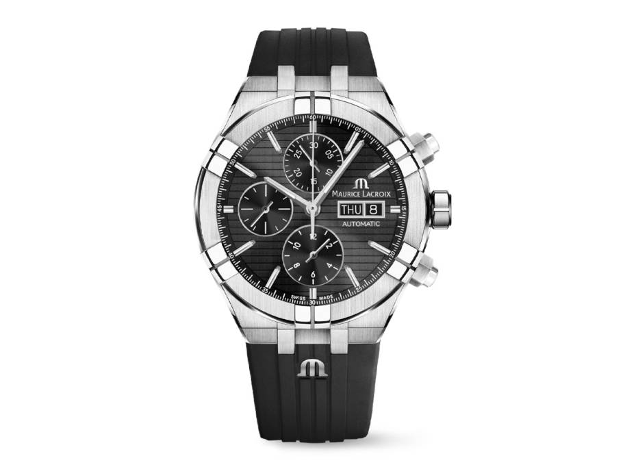 Aikon Chronograph Automatik Edelstahl 44mm schwarzes Zifferblatt schwarzes Kautschukband