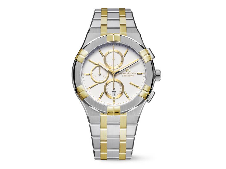 Aikon Quarz Chronograph Duotone Edelstahl 42mm weißes Zifferblatt zweifarbiges Metallband