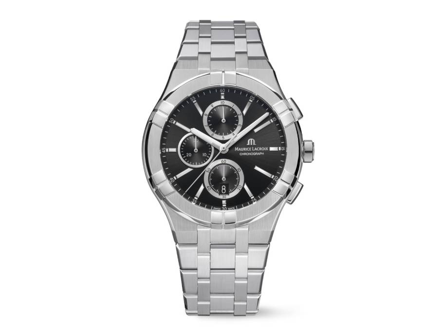 Aikon Quarz Chronograph Edelstahl 42mm schwarzes Zifferblatt Metallband