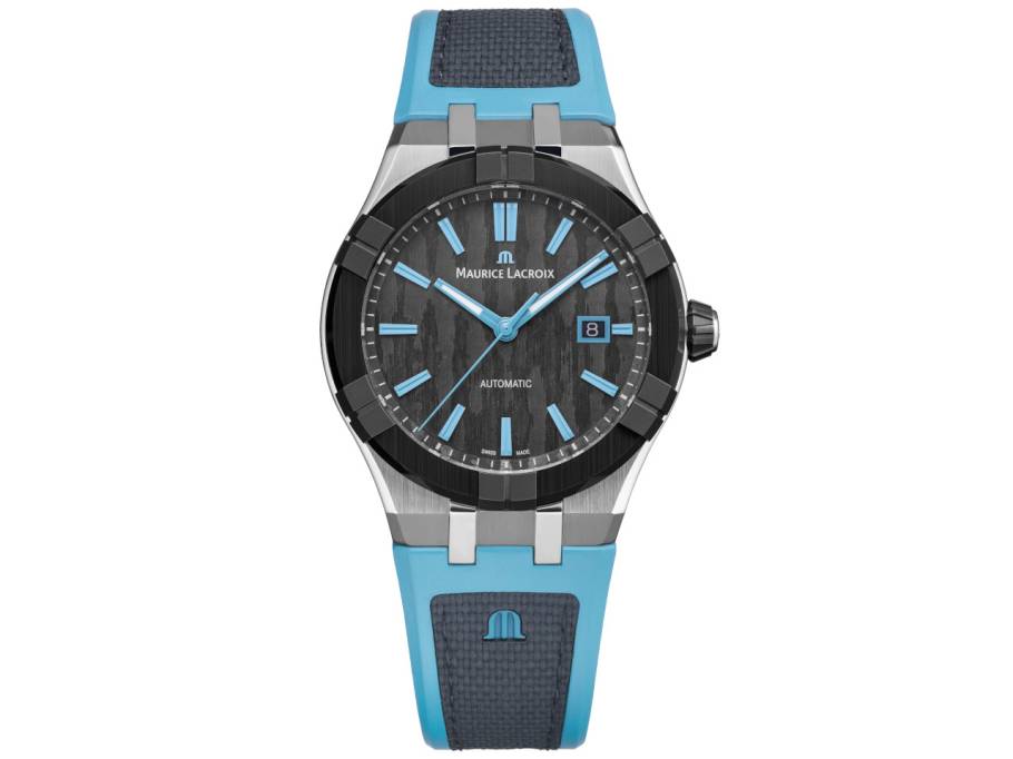 Aikonic Automatik Edelstahl 43mm Carbon-Zifferblatt blaues Kautschukband