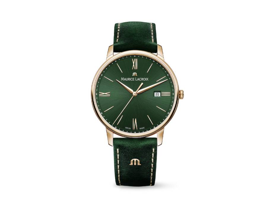 Eliros Date Edelstahl Rosé-PVD 40mm grünes Zifferblatt grünes Lederband