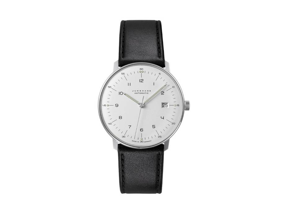 Max Bill Automatic Edelstahl 38mm silbernes Zifferblatt schwarzes Lederband