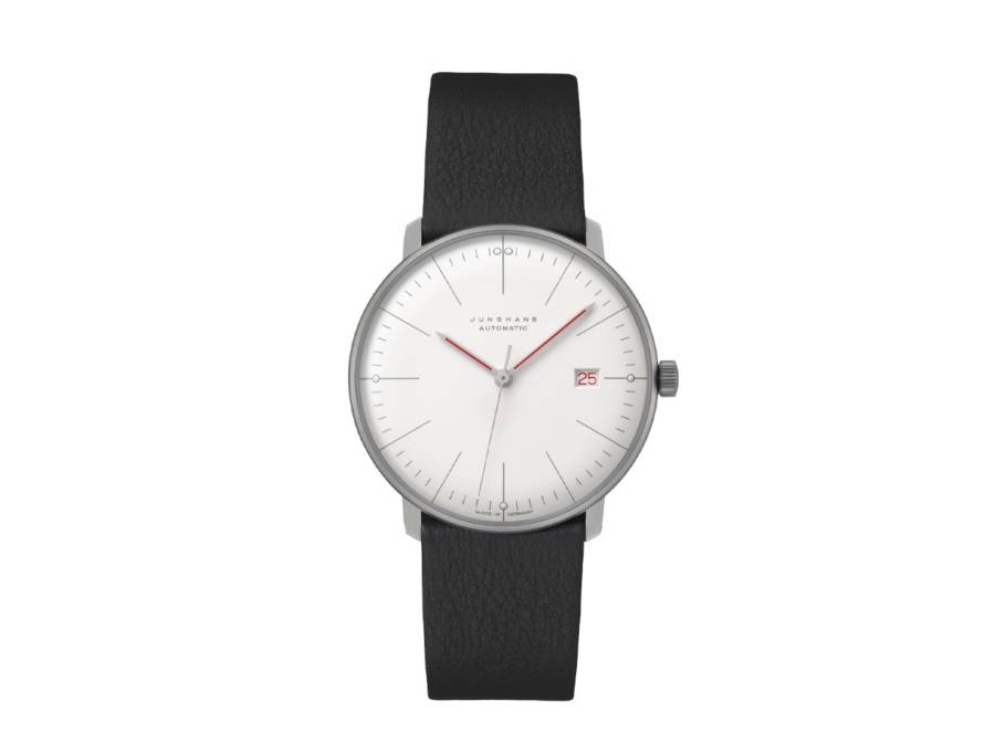 Max Bill Automatic Bauhaus Edelstahl 38mm weißes Zifferblatt schwarzes Lederband